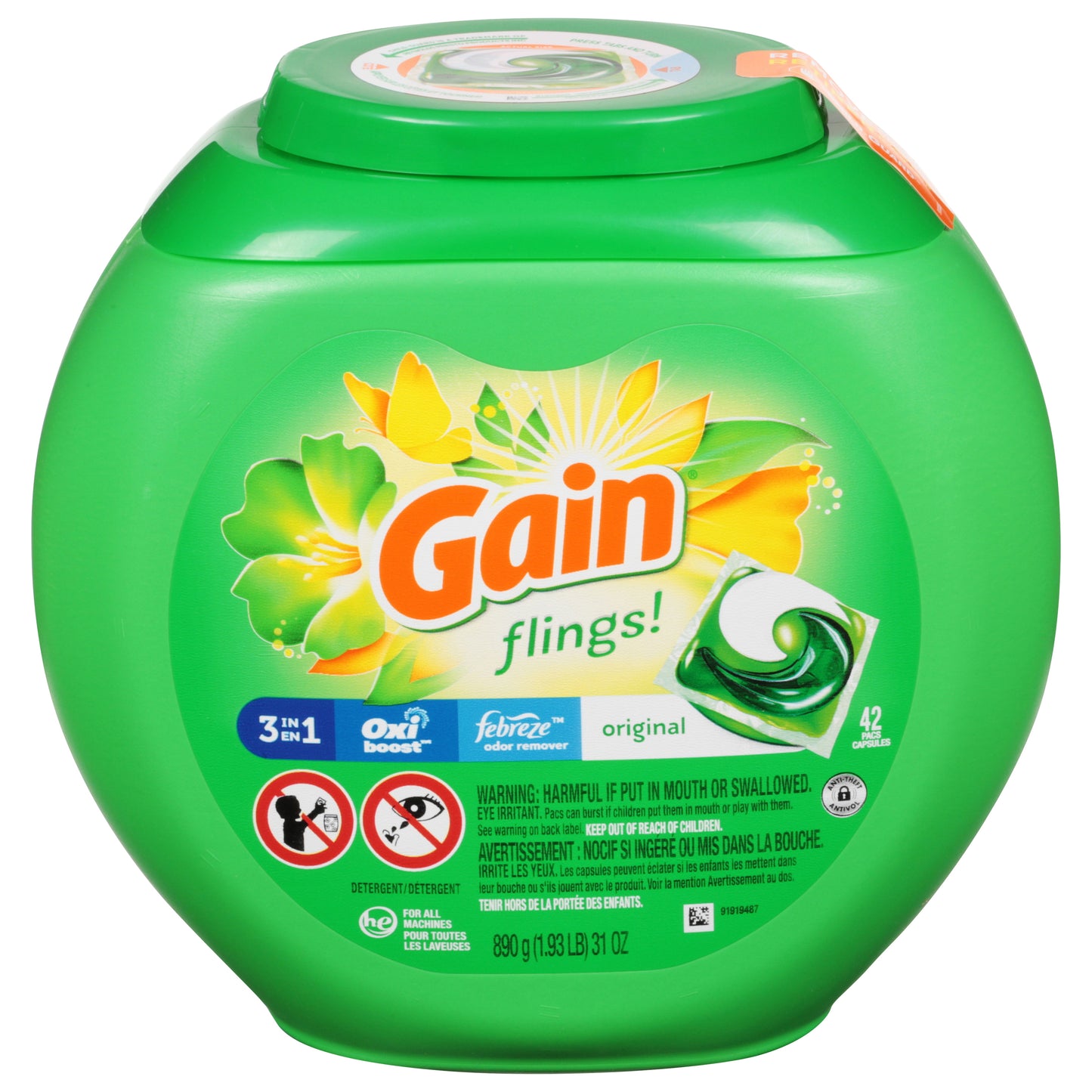 Gain Flings! Pacs 3 in 1 Original Detergent 42 ea