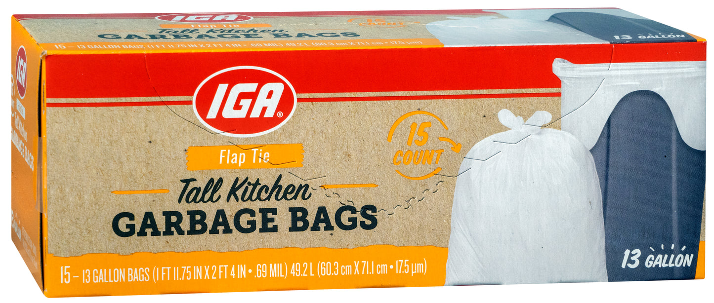 BAGS KITCHEN TALL WHITE FLAP TIE 13 GAL 15 CT