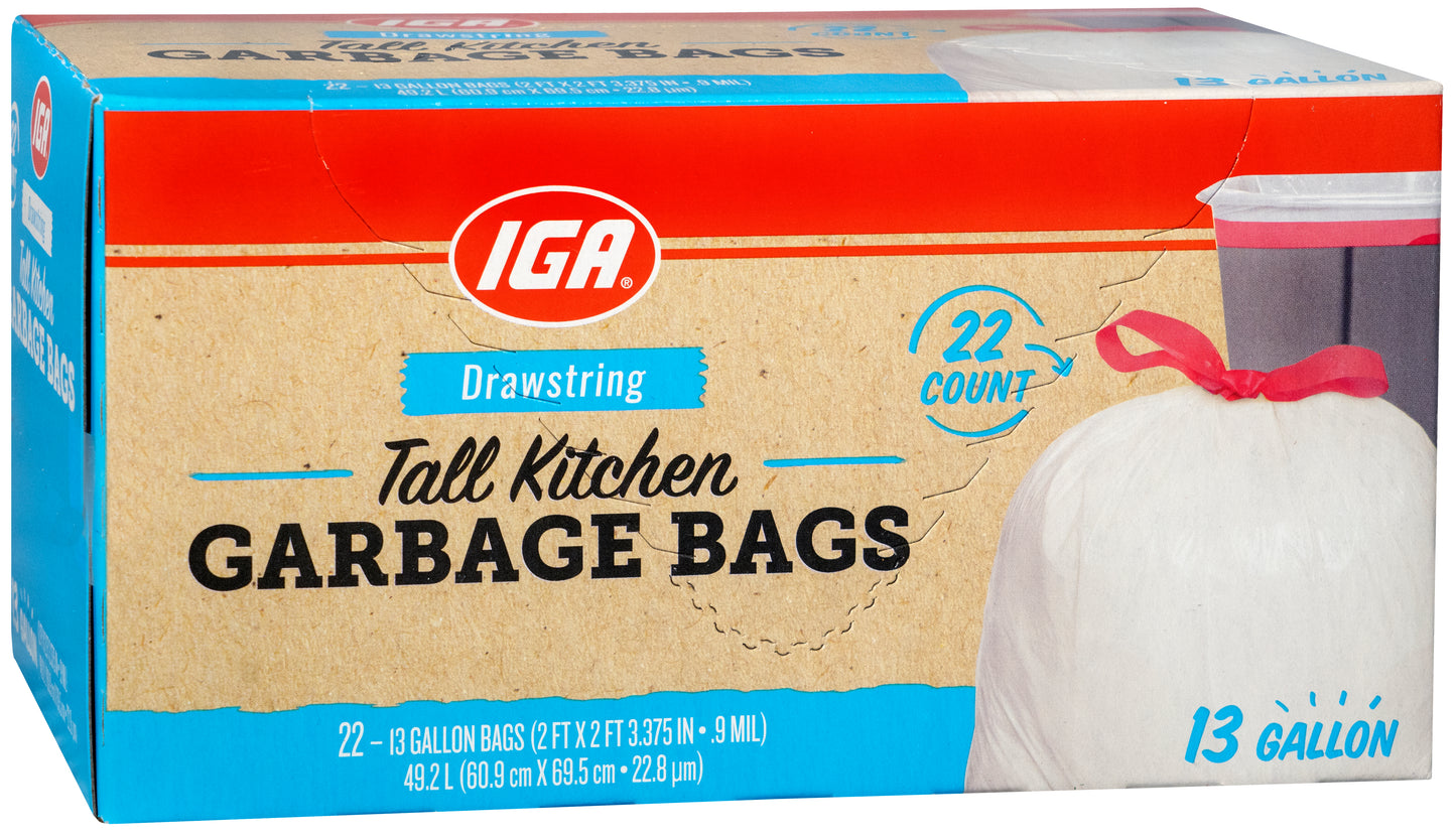 BAGS KITCHEN TALL WHITE DRAWSTRING 13 GAL 22 CT