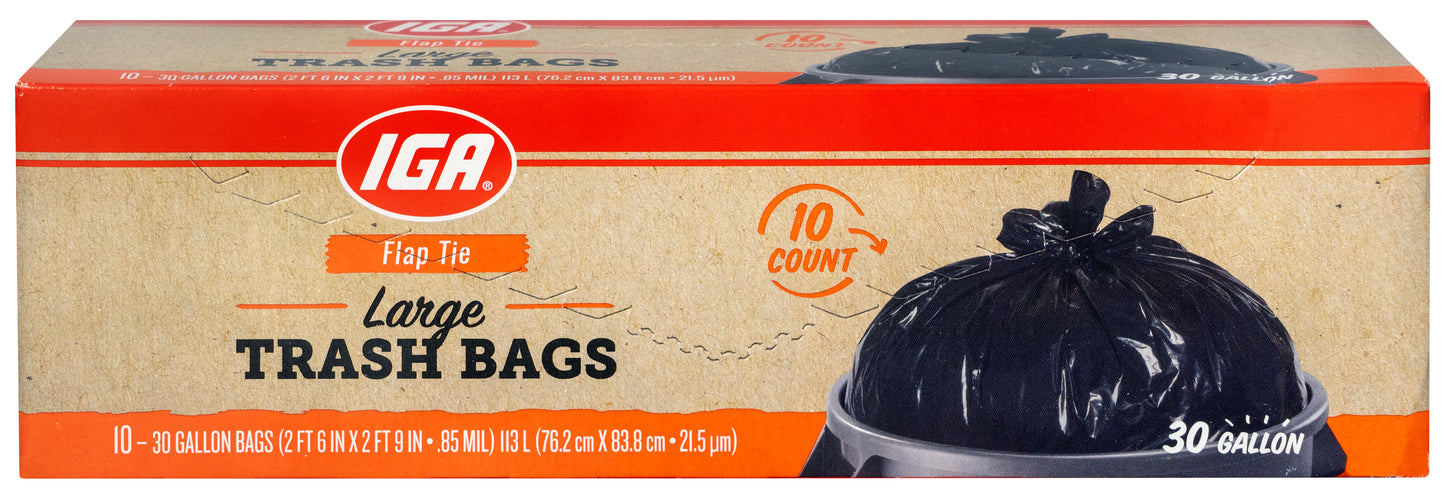 BAGS TRASH BLACK LARGE FLAP TIE 30 GAL 10 CT