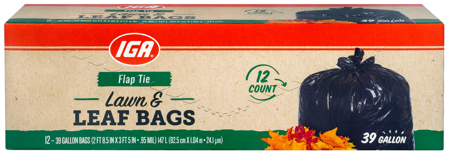 BAGS LAWN & LEAF BLACK FLAP TIE 39 GAL 12 CT