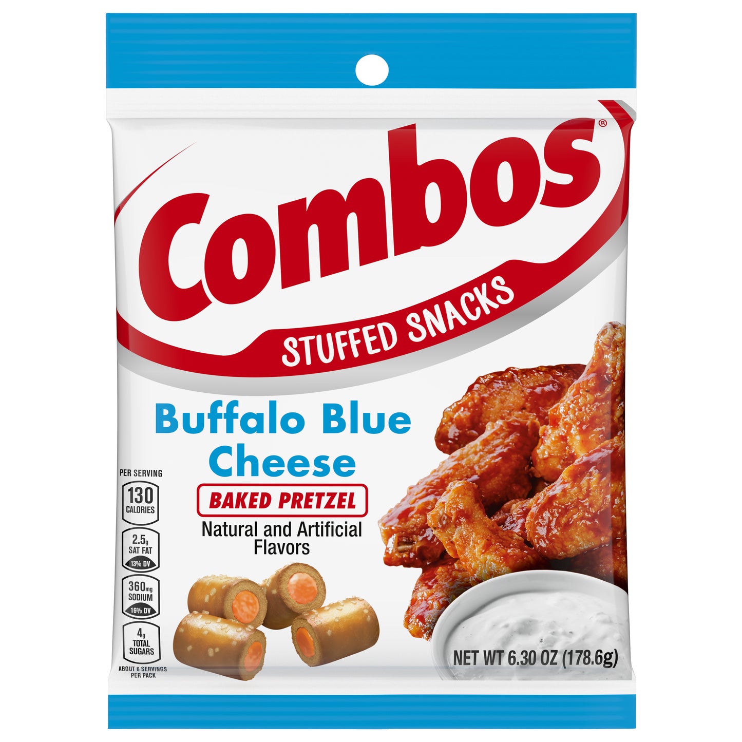 COMBOS Stuffed Snacks Buffalo Blue Cheese Baked Pretzel Snacks, 6.3-Ounce Bag