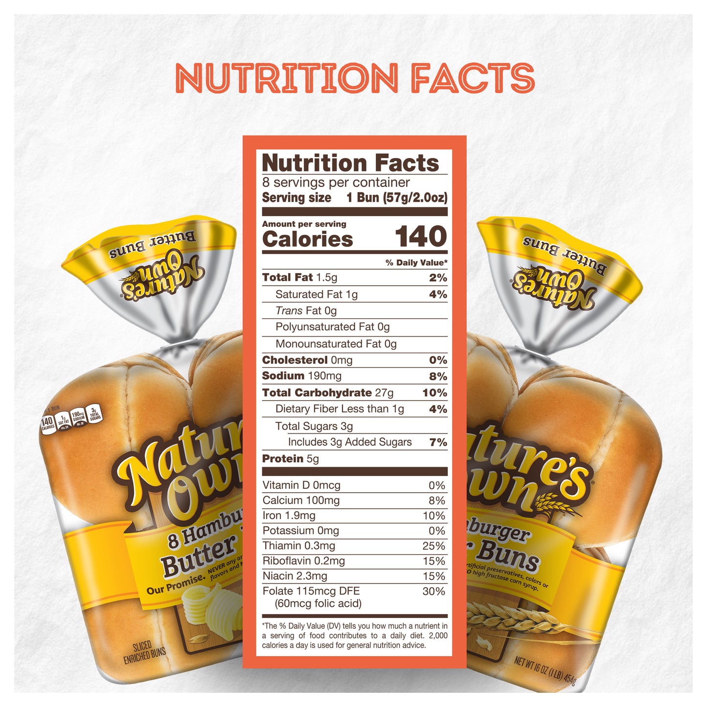 Nature's Own Hamburger Butter Buns, Soft White Bread Hamburger Buns. 8 Count