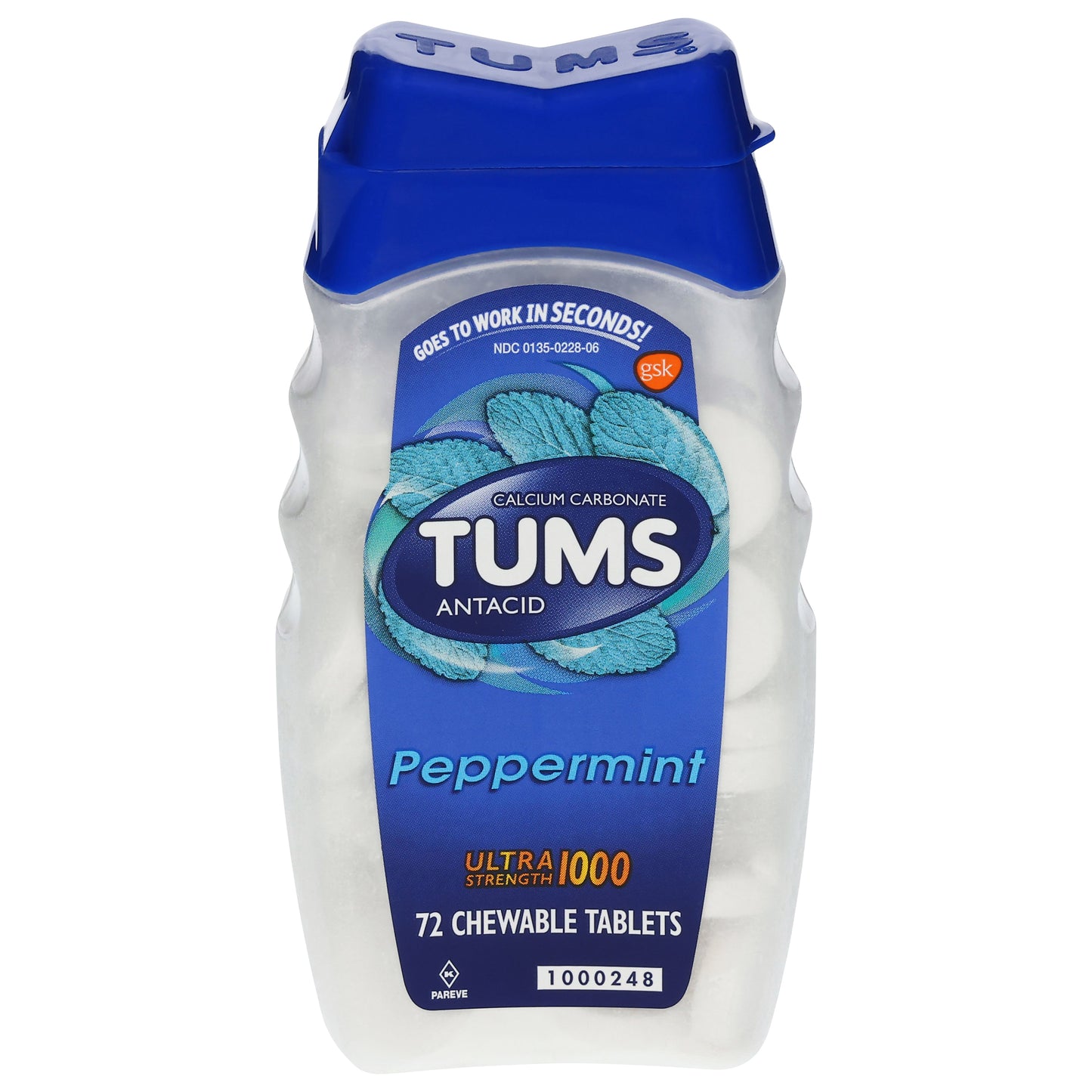 Tums Ultra Strength 1000 Peppermint Antacid 72 Chewable Tablets