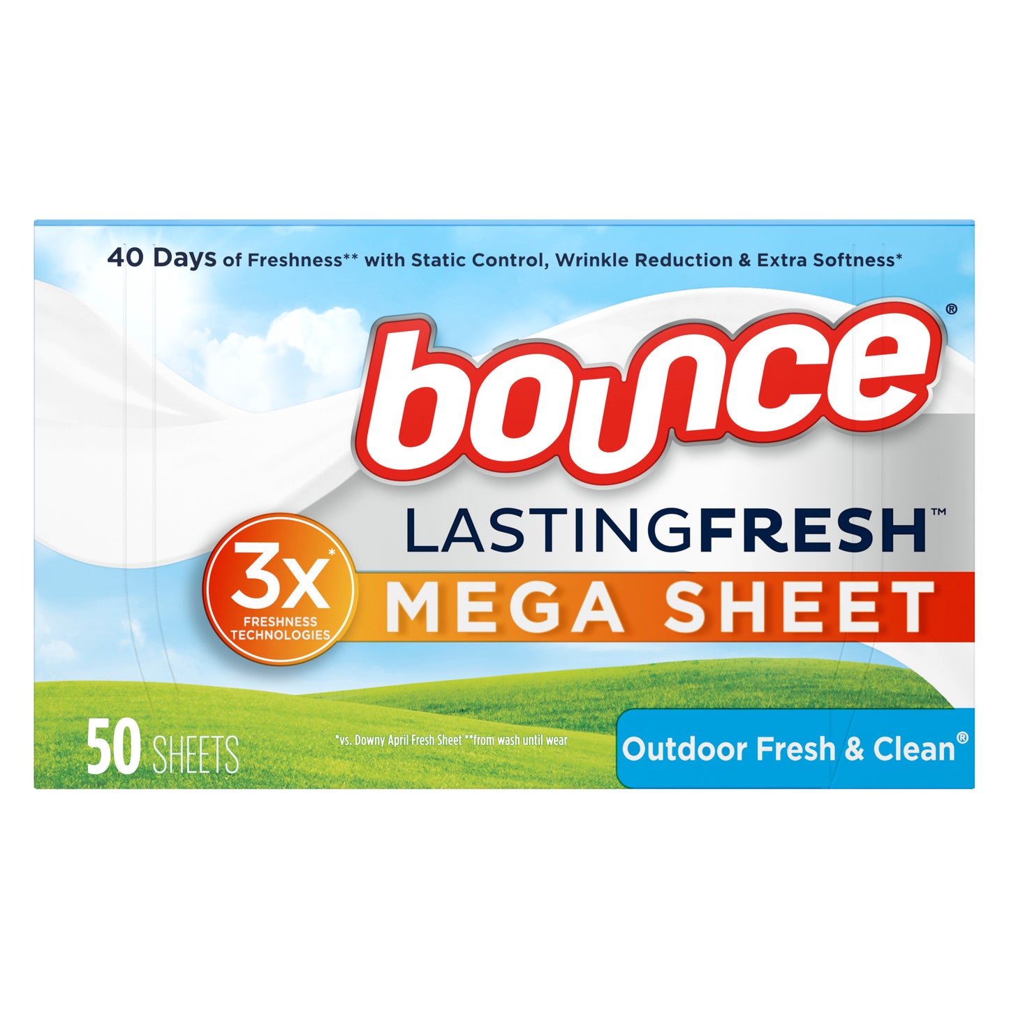 Bounce Lasting Fresh Mega Dryer Sheets, 50 ct, Outdoor Fresh & Clean Fabric Softener Sheets for Long Lasting Freshness