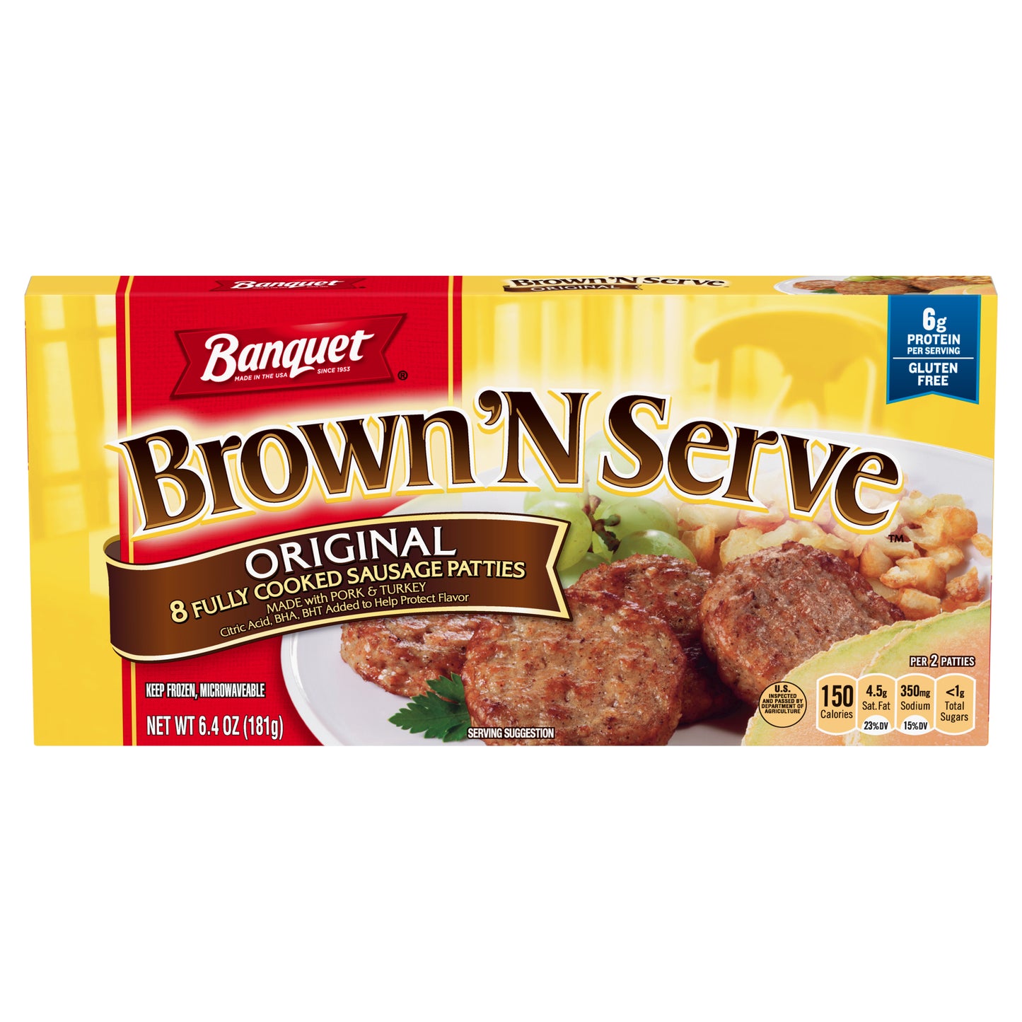 Banquet Brown ‘N Serve Original Fully Cooked Sausage Patties, Frozen Meat, 8 Count, 6.4 OZ