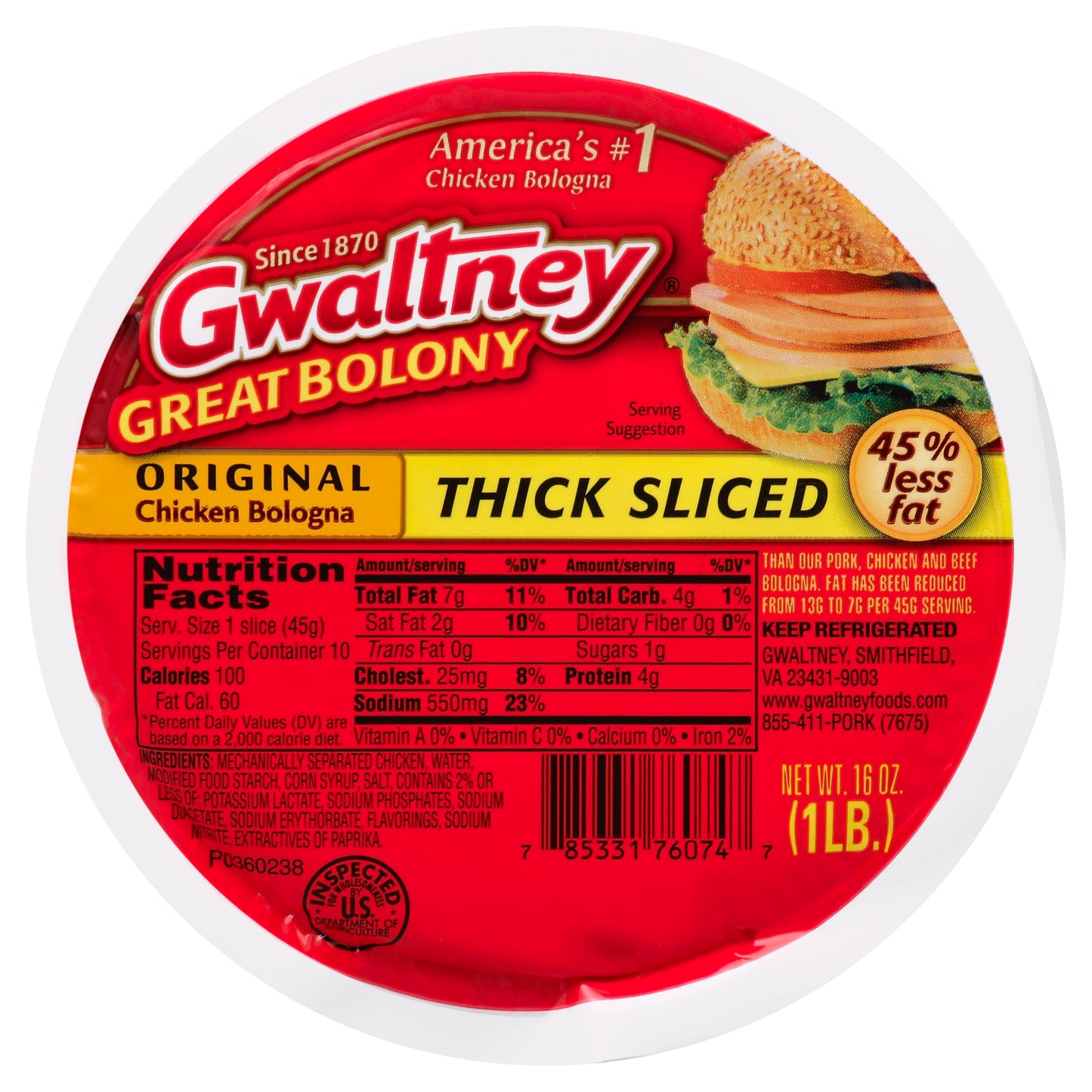 Gwaltney Bologna 16 oz - ORIGINAL Chicken Bologna THICK SLICED