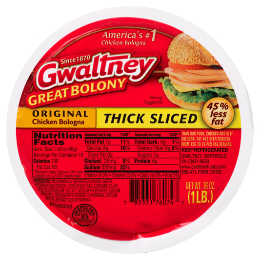 Gwaltney Bologna 16 oz - ORIGINAL Chicken Bologna THICK SLICED