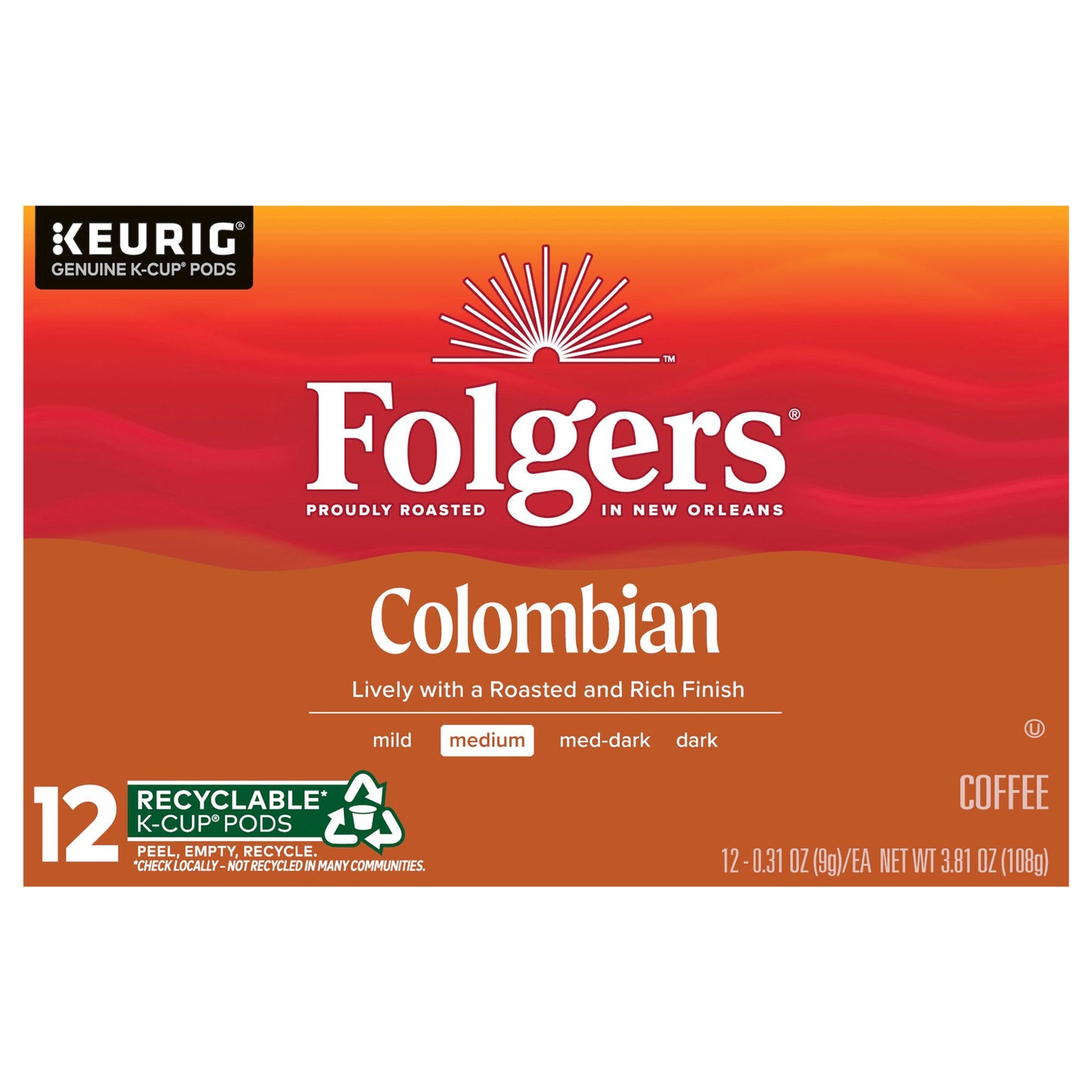 Folgers Colombian Coffee, Medium Roast, Keurig K-Cup Pods, 12 count Box