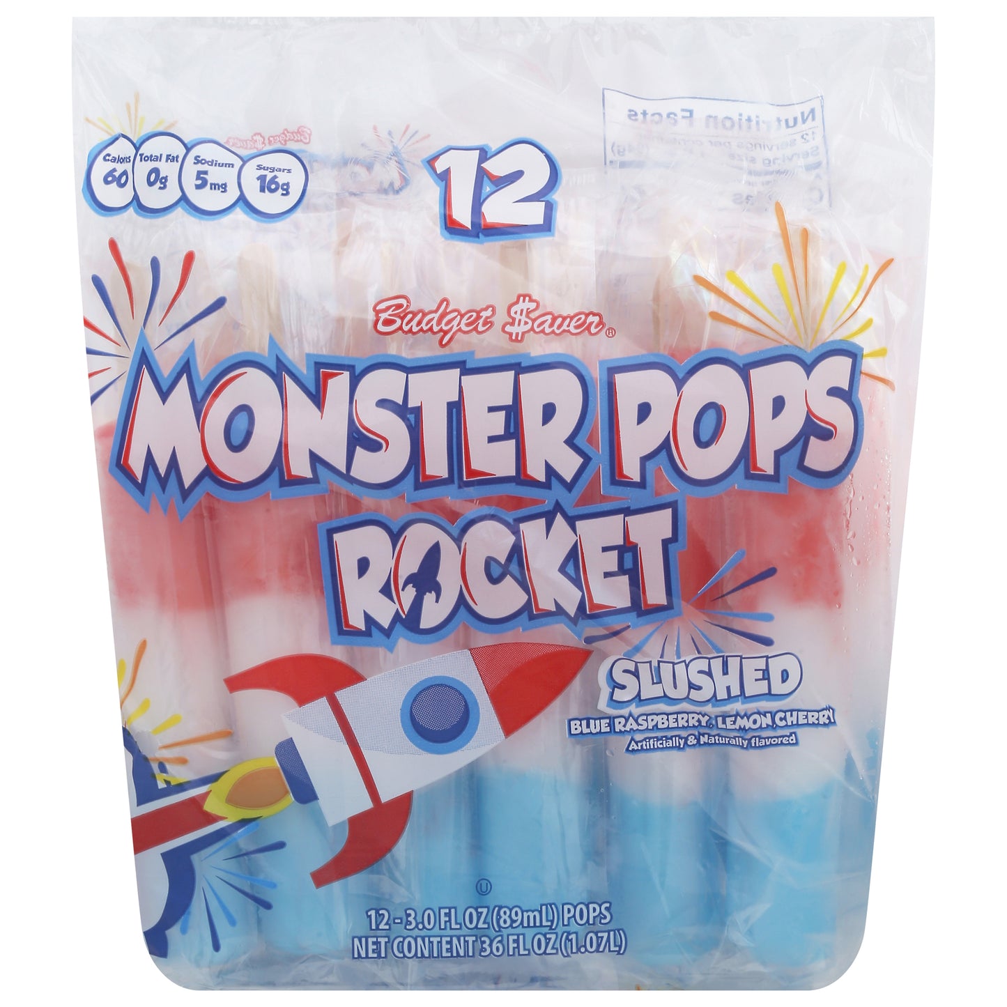 Budget Saver Slushed Blue Raspberry Lemon Cherry Monster Pops Rocket 12 - 3.0 fl oz Pops