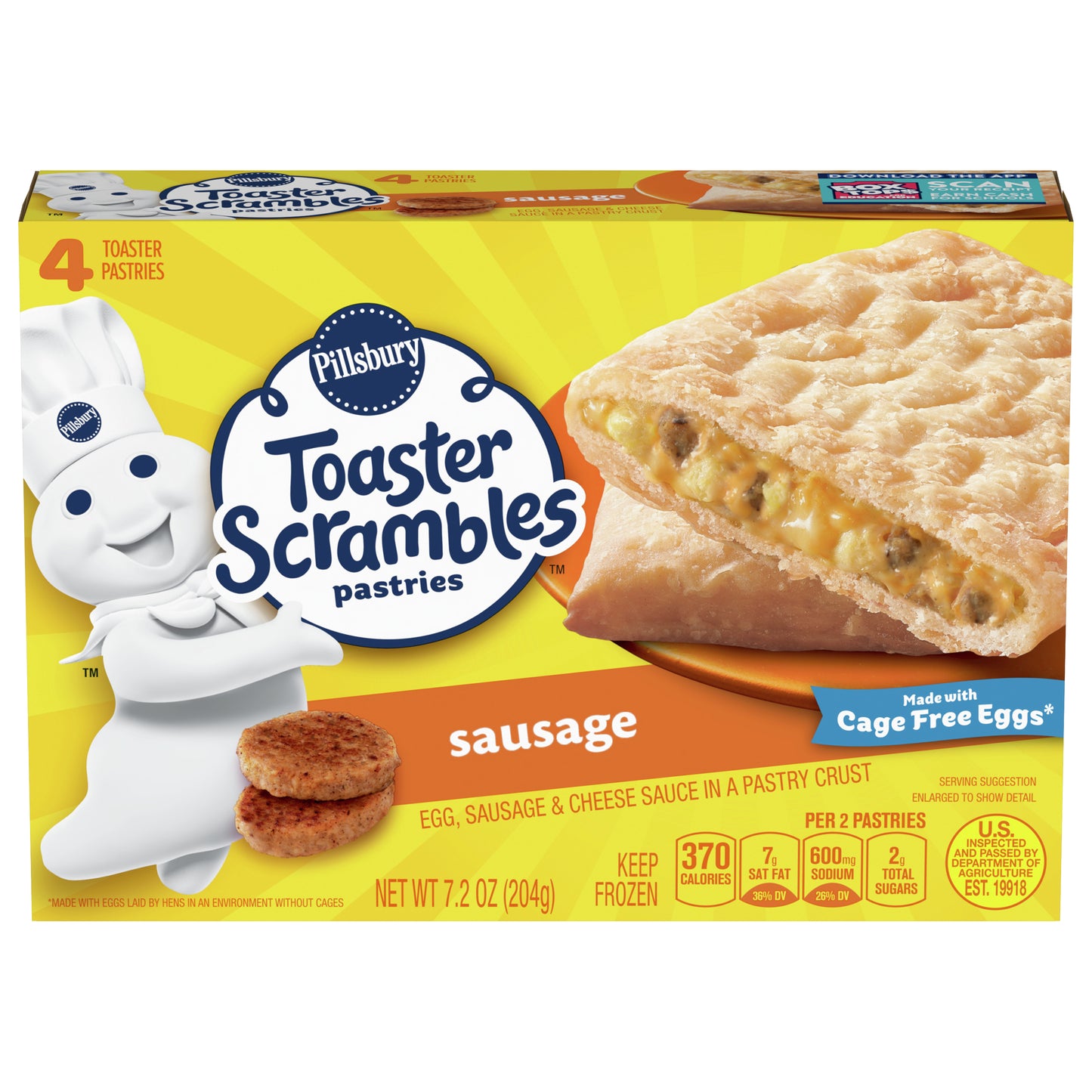 Pillsbury Sausage Toaster Scrambles, Frozen Breakfast Pastries, 4 ct, 7.2 oz