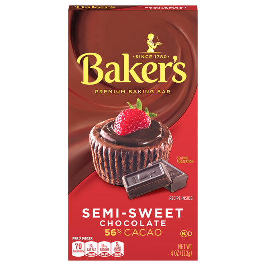 Baker's Semi-Sweet Chocolate Premium Baking Bar with 56% Cacao, 4 oz Box