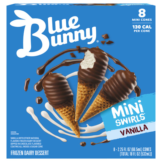 Blue Bunny Mini Swirls Vanilla Cones, Frozen Dessert, 8 Pack