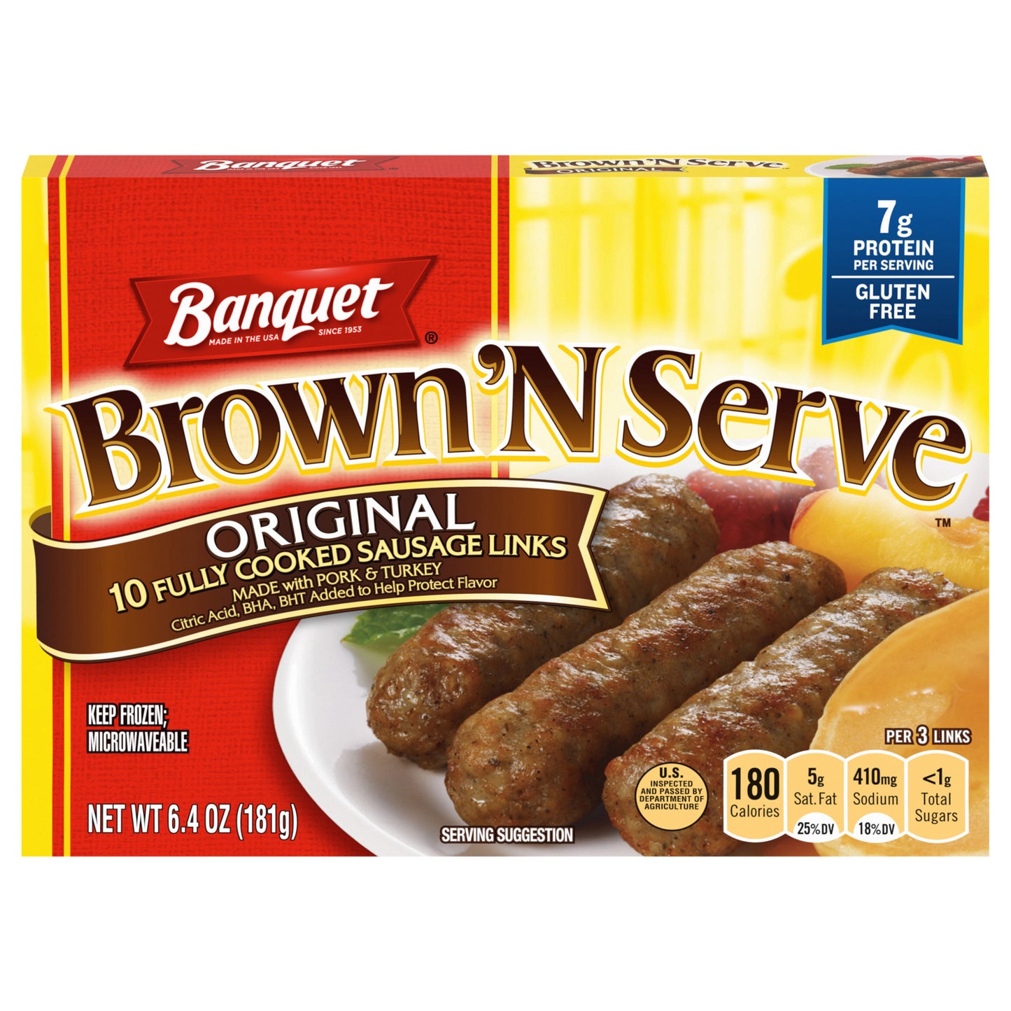 Banquet Brown 'N Serve Original Fully Cooked Sausage Links, Frozen Meat, 10 Count, 6.4 OZ