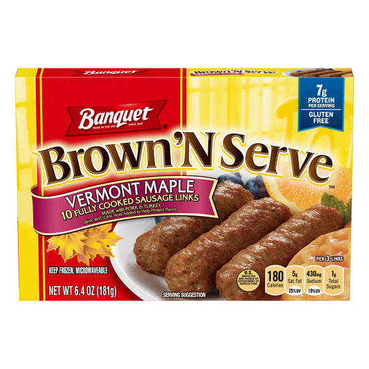 Banquet Brown ‘N Serve Vermont Maple Fully Cooked Sausage Links, Frozen Meat, 10 Count, 6.4 OZ