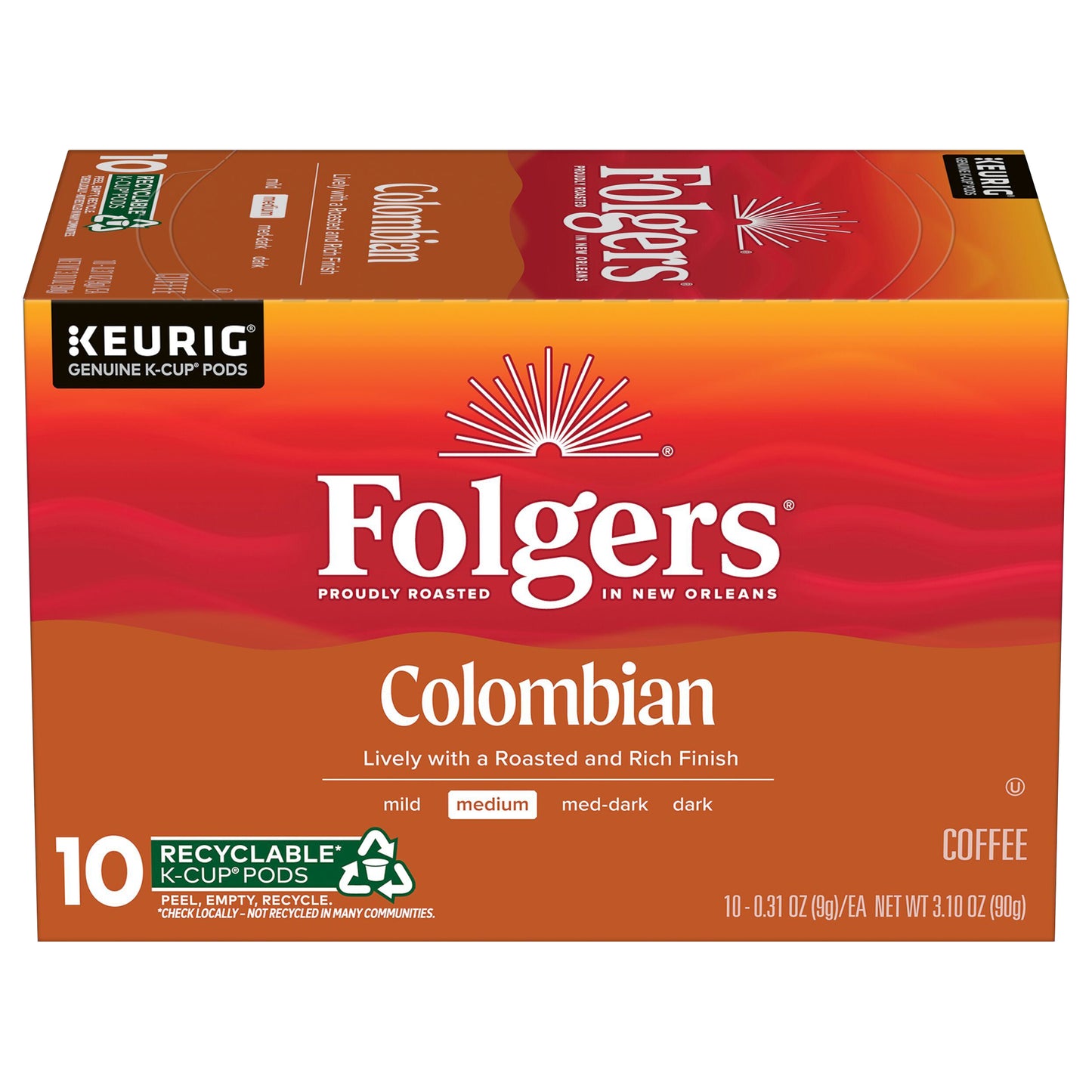 Folgers Colombian Coffee, Medium Roast, Keurig K-Cup Pods, 10 Count Box