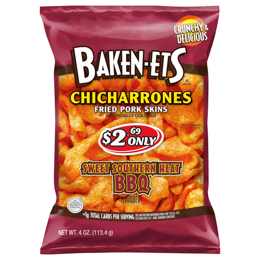 Baken-Ets Chicharrones Fried Pork Skins Sweet Southern Heat BBQ Flavored 4 Oz