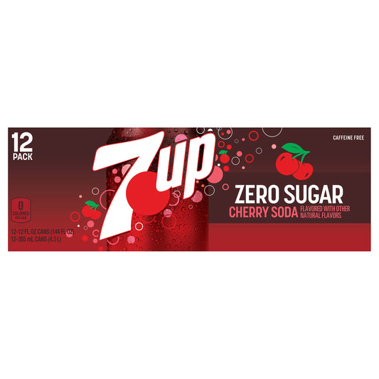 7UP Cherry Flavored Zero Sugar Soda, 12 fl oz cans, 12 pack