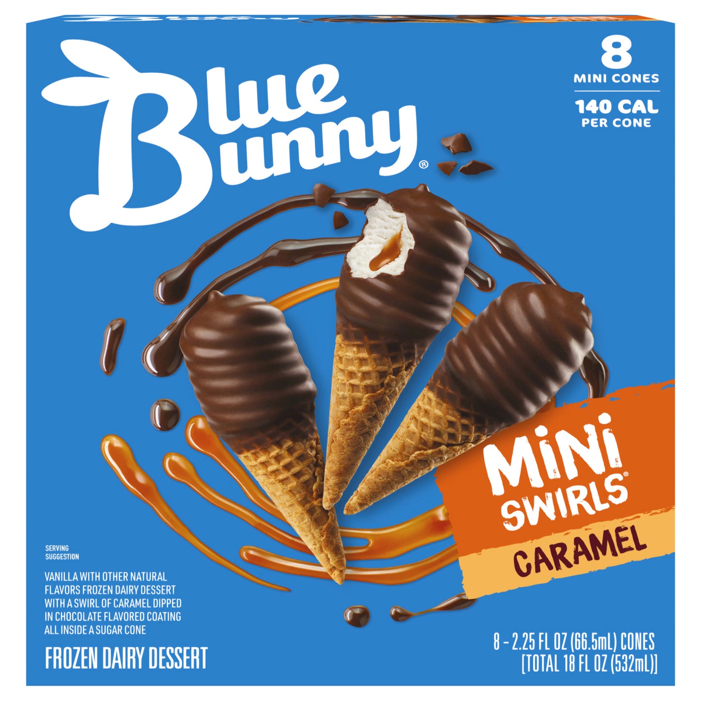 Blue Bunny Mini Swirls Caramel Cones, Frozen Dessert, 8 Pack