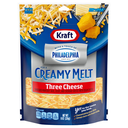 Kraft Three Cheese Blend Shredded Cheese with a Touch of Philadelphia for a Creamy Melt, 8 oz Bag