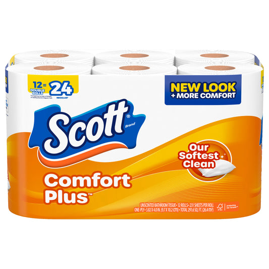 Scott ComfortPlus Toilet Paper, 12 Double Rolls, 231 Sheets per Roll, Septic-Safe, 1-Ply Toilet Tissue