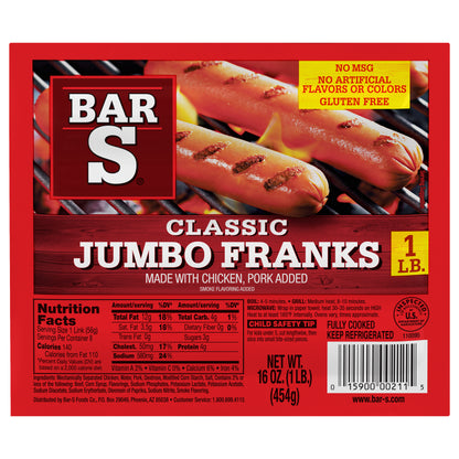 Bar-S Classic Jumbo Franks Hot Dogs, 8 Franks Per Package, 1 Pound Pack