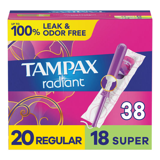Tampax Radiant Tampons Duo Pack with LeakGuard Braid, Regular/Super Absorbency, Unscented, 38 Count