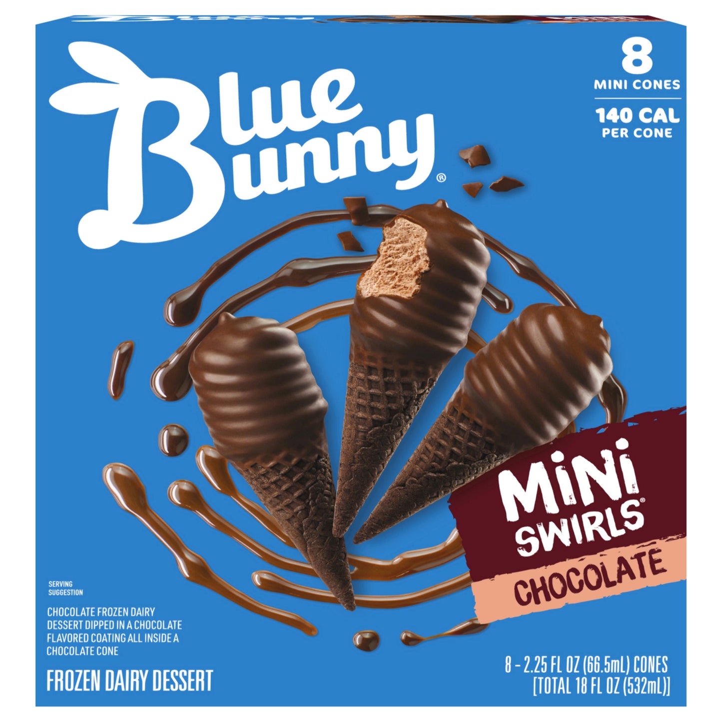 Blue Bunny Mini Swirls Chocolate Cones, Frozen Dessert, 8 Pack