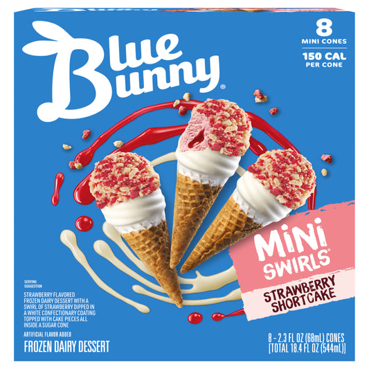 Blue Bunny Mini Swirls Strawberry Shortcake Cones, Frozen Dessert, 8 Pack