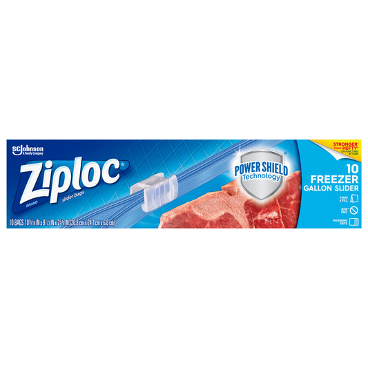 Ziploc Freezer Bags, Reusable Gallon Size Slider Bags, BPA-free Plastic, Power Shield Technology - 10 Count