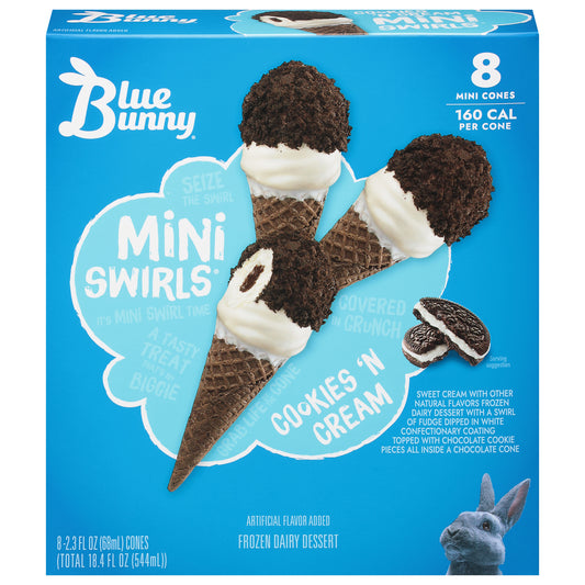 Blue Bunny Mini Swirls Cookies 'N Cream Cones, Frozen Dessert, 8 Pack