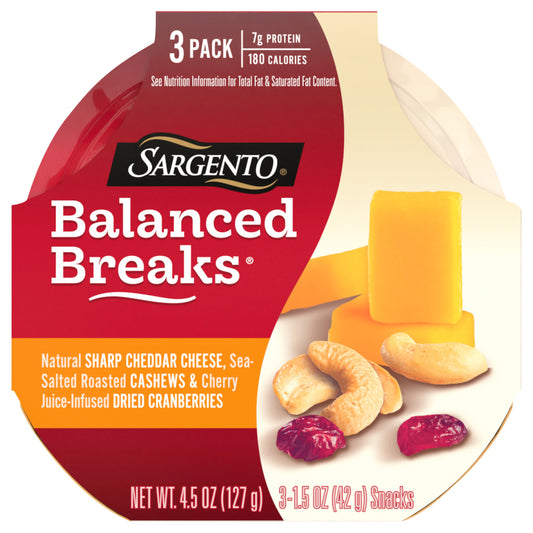Sargento® Balanced Breaks® Natural Sharp Cheddar Cheese, Sea-Salted Cashews and Cherry Juice-Infused Dried Cranberries, 3-Pack