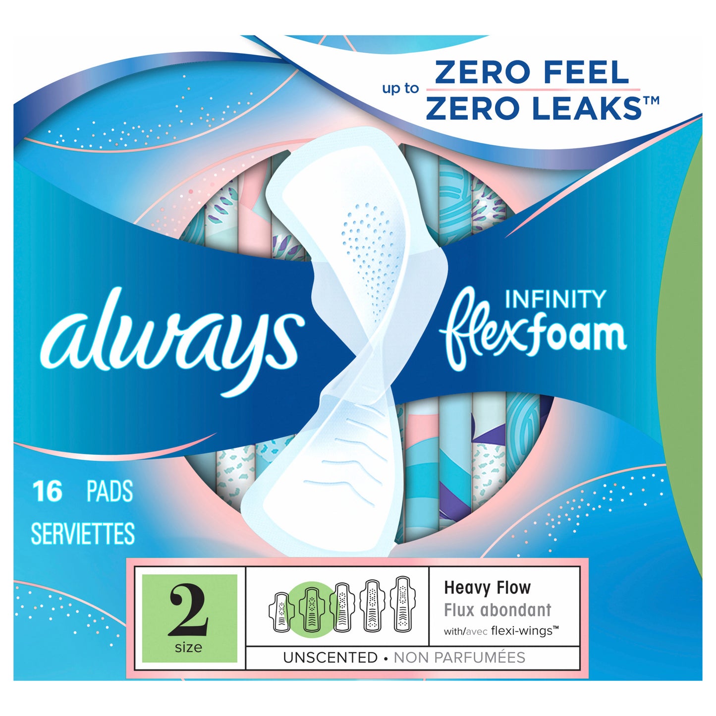 Always Infinity Feminine Pads for Women with Wings, Size 2 Heavy, Unscented, 16 Count