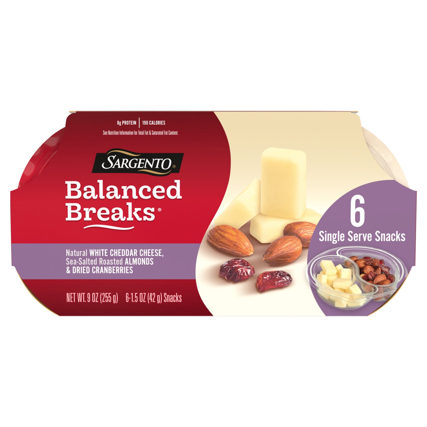 Sargento® Balanced Breaks® Natural White Cheddar Cheese, Sea-Salted Roasted Almonds, Dried Cranberries, 6-Pack