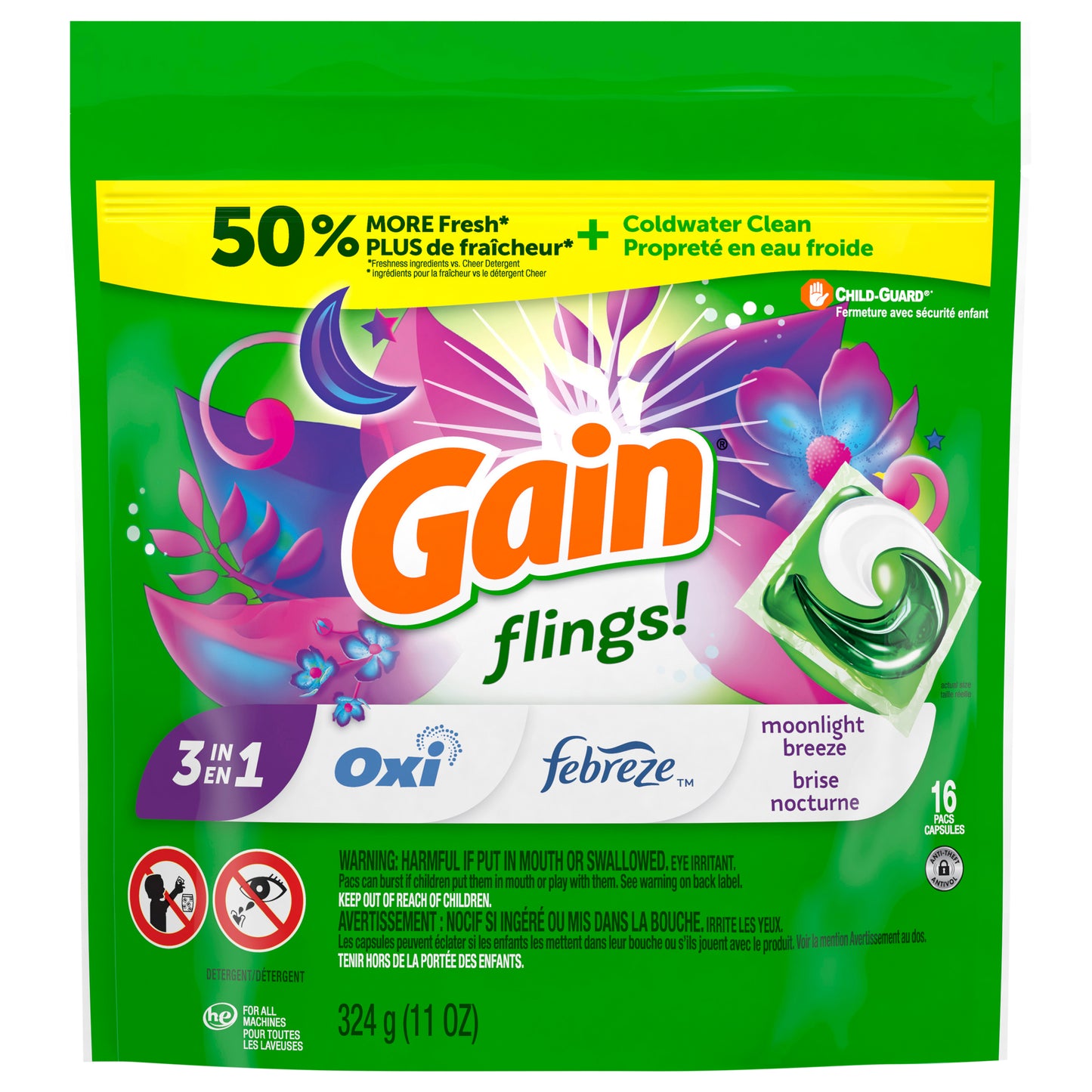 Gain flings Laundry Detergent Soap Pacs, HE Compatible, 16 ct, Long Lasting Scent, Moonlight Breeze
