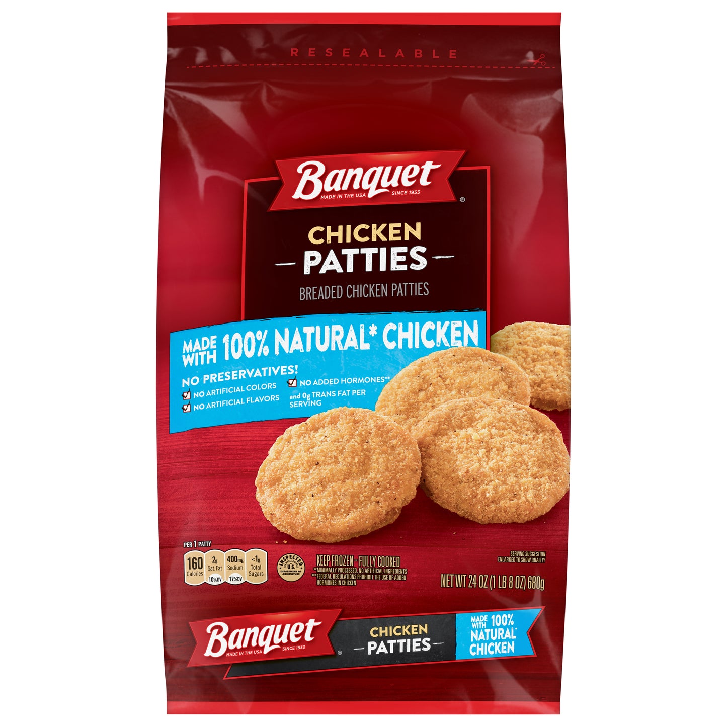Banquet Frozen Chicken Patties Made With 100% Natural* Chicken, 24 oz.