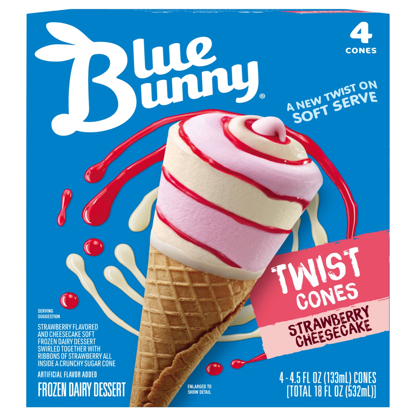 Blue Bunny Strawberry Cheesecake Twist Cones, Frozen Dessert, 4 Pack