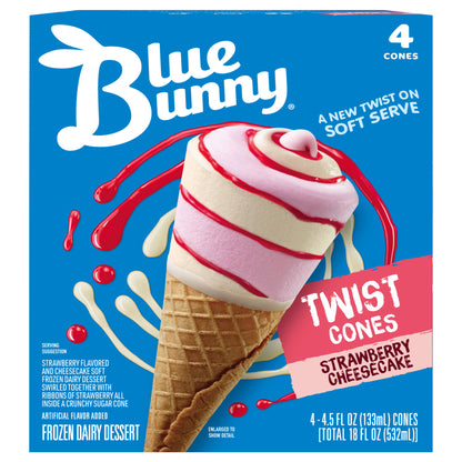 Blue Bunny Strawberry Cheesecake Twist Cones, Frozen Dessert, 4 Pack