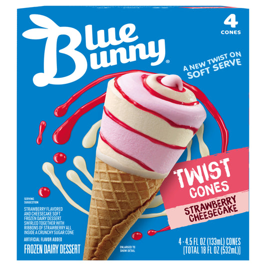 Blue Bunny Strawberry Cheesecake Twist Cones, Frozen Dessert, 4 Pack
