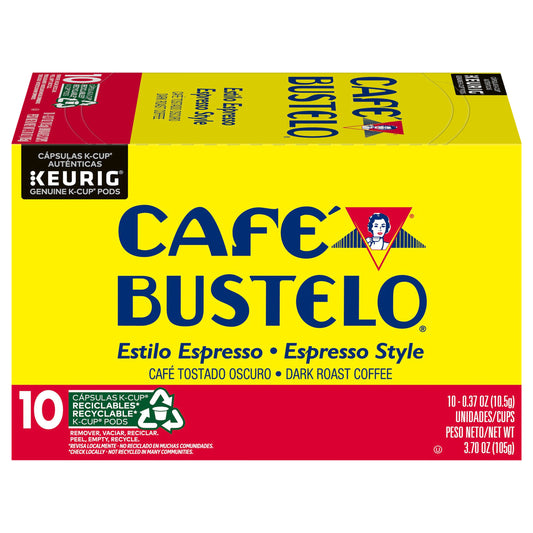 Café Bustelo Espresso Style Dark Roast Coffee, Keurig K-Cup pods, 10 Count Box